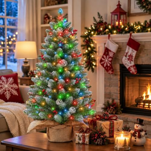 Timer - 3FT Artificial Mini Christmas Tree, Snowy Tabletop Christmas Tree