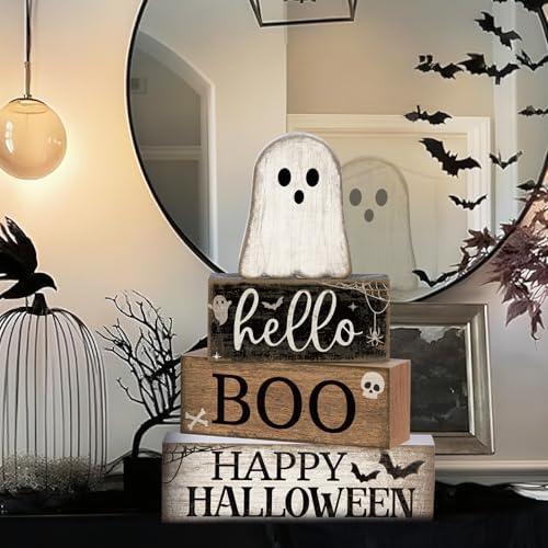 Lineshading 4 Pcs Halloween Table Decor for Home Wooden Ghost Block Signs