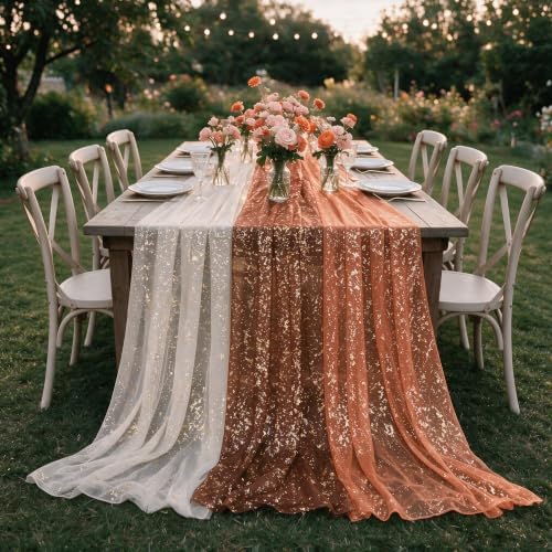 Artoid Mode 6PC Beige Caramel Orange Gauze Table Runner 120 Inch 10FT, Glitter Metallic Foil Sheer for Wedding Anniversary Holiday Birthday Home Party Decor