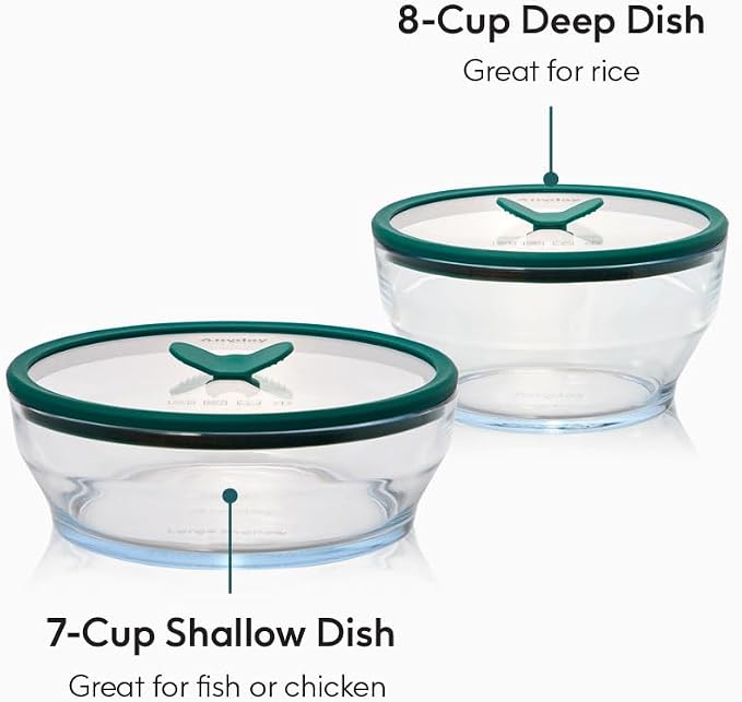 Anyday 4-Piece Large Glass Food Storage with Lids (Clear Kale) | Microwave Steamer, Plastic-Free Meal Prep, Stackable Airtight Storage Container, Vented Glass Lid, Microwave-Safe Reheating