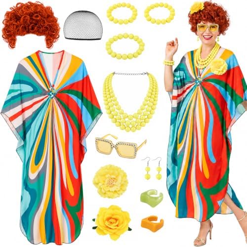 Halloween Women Landlady Costume Caftan Dress Curly Wig Jewelry & Sunglass