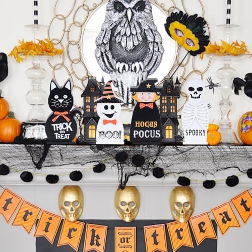 Halloween Decorations Indoor, DECSPAS 4 PCS Wood Blocks Halloween Table Decor, Ghost Black Cat Skull Witch Gothic Tabletop Ornaments, Hocus Pocus Decorations for Home, Tiered Tray, Shelf, Mantel