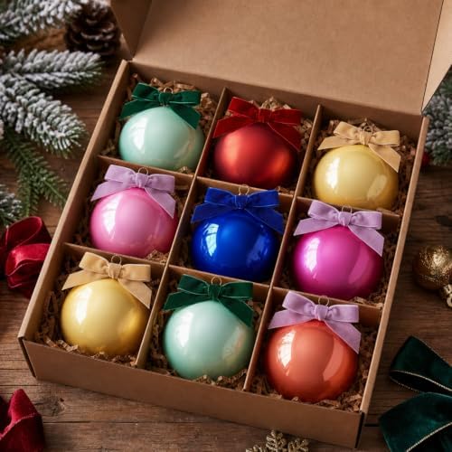 Hollowfly 9 Pcs 3 Inch Colorful Glass Christmas Ornaments with Velvet Bow