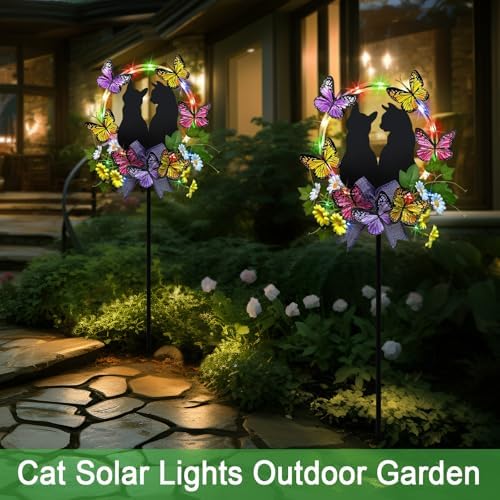 Cat Solar Light Outdoor Garden,Cat with Butterfly Flower Colorful LED Decor