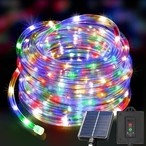 KNONEW Solar Rope Lights Outdoor 300LED 50FT Solar String Lights Outside Waterproof with Modes Clear Thin Tube for Pool Tree Patio Garden Fence Camping Yard Deck Trampoline（Multicolor）