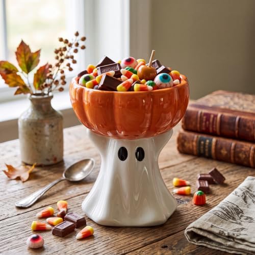 Rtteri Halloween Ghost Candy Bowl Ceramic Ghost Pumpkin Candy Dish 6.8 in