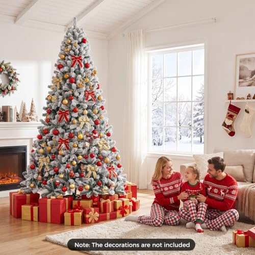 HAPPYGRILL 9 FT Flocked Christmas Tree Artificial Xmas Tree with 1498 PVC Branch Tips, Hinged Xmas Tree Life-Like Seasonal Holiday Tree for Home Office