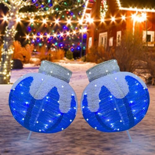 Lighted Christmas Balls Outdoor Decorations, 2pcs Pop-Up Blue Christmas Décor Balls Prelit 160 Lights with 8 Flashing Effects, Collapsible Light Up Hanging Lanterns Plug-in for Home Yard Party-Blue