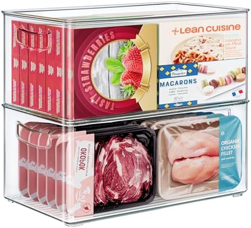 Heyuzb 2 Pack Clear Freezer Organizer Bins Stackable Storage Bins with Side Handles for Kitchen Pantry Cabinet Organzation and Storage