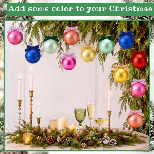 Hollowfly 9 Pcs 4 Inch Colorful Glass Christmas Ornaments with Velvet Bow