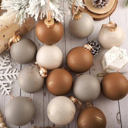 Yunlly 12 Pcs Neutral Christmas Ornament, Brown Ivory Beige, 3.15''