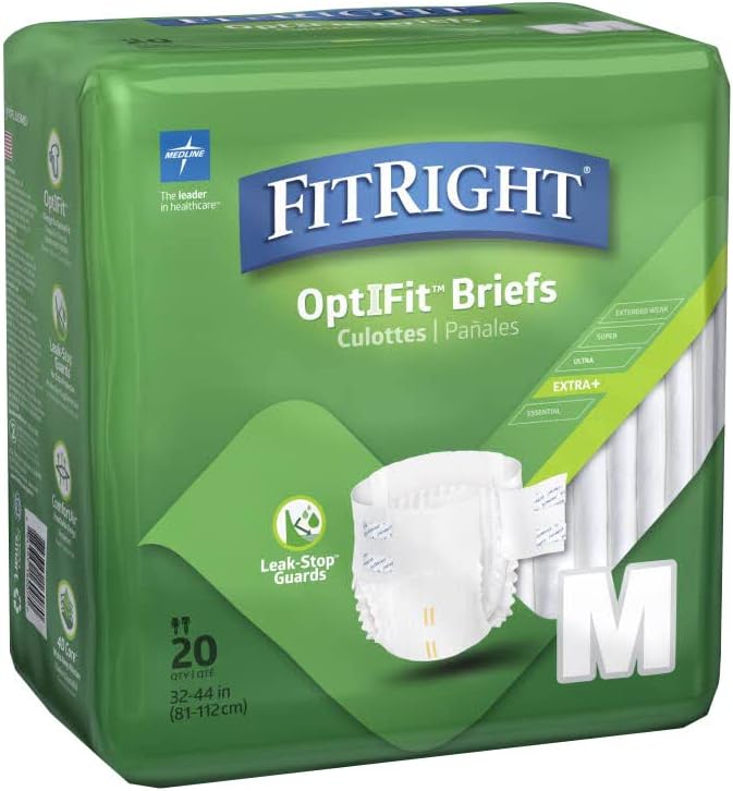 FitRight OptiFit Extra+ Adult Diapers with Leak Stop Guards, Disposable Incontinence Briefs with Tabs, Moderate Absorbency, Medium, 32"-42", 20 Count (Pack of 2)