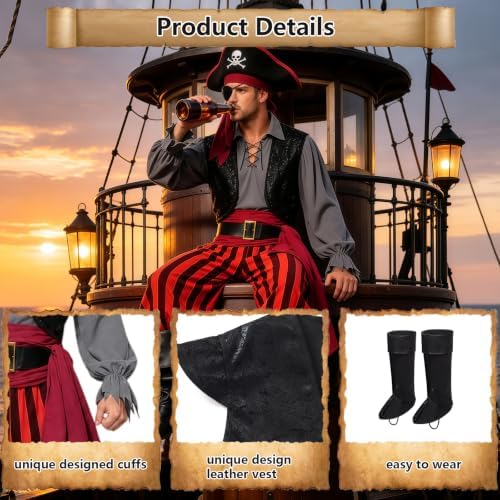 9pcs Adult Halloween Pirate Costume for Men with Accessories