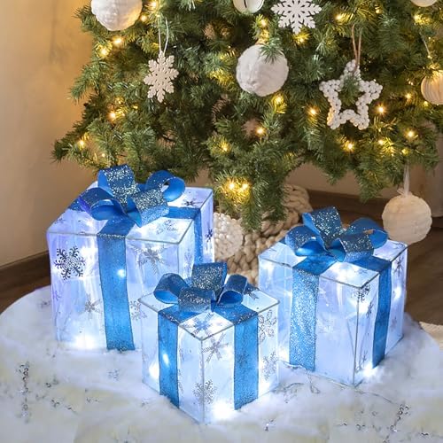 Christmas Decorations: Foldable Set of 3 Christmas Lighted Gift Boxes 120 LED - Plug in Light Up Xmas Ornament for Tree Skirt Indoor Outdoor Yard Holiday Door Sleigh Decor, White Xmas Lights