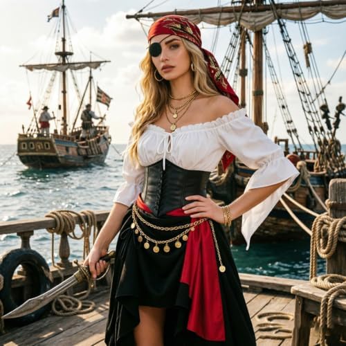 Pirate Costume Women Renaissance Medieval Outfits Halloween Cosplay Set