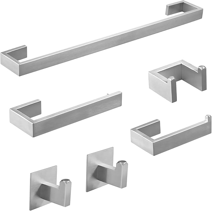 Fapully 23.6-Inch 6 Piece Bathroom Hardware Accessories Set Stainless Steel Wall Mounted Brushed Nickel Include Towel Bar,Hand Towel Holder,Toilet Paper Holder,Robe Towel Hook,Coat Hook,Towel bar Set
