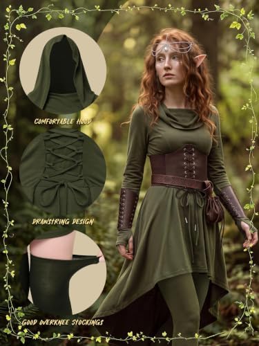 10 Pcs Women Renaissance Halloween Fairy Costume Medieval Hooded Elf Dress