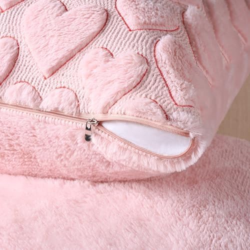 Softalker Pink Heart Pillow Covers 18 x 18 Inch Set of 2, Spring Summer Soft Faux Fur Cushion Covers, 3D Embroidered Pillow Cases for Girl's Room Decor