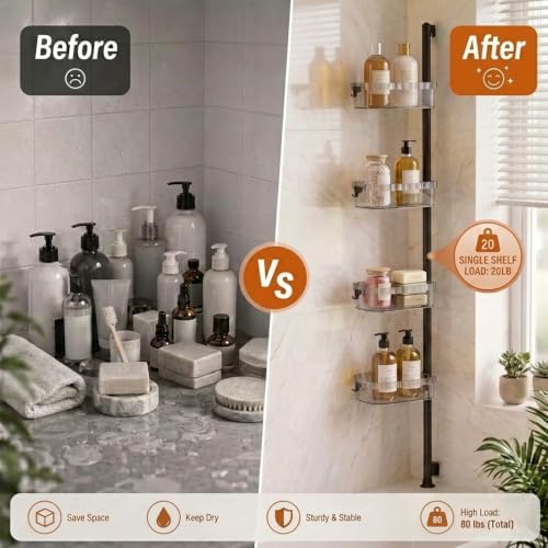 LURKA 4-Tier Shower Caddy, Wall Mounted Organizer with Adjustable Baskets