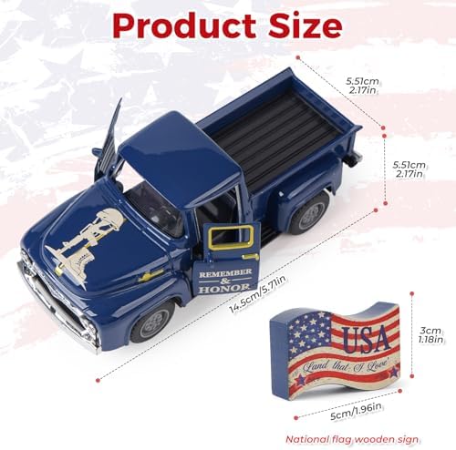 Memorial Day Patriotic Truck Decor, Americana Vintage Pickup Truck Tabletop Decoration, Rustic Farmhouse Tiered Tray Decor for 4th of July Independence Day Home Office