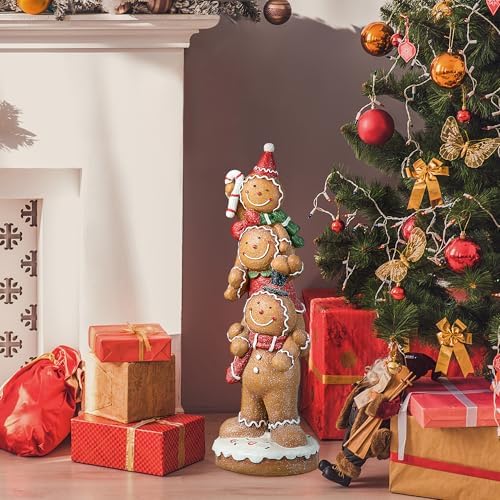 Glitzhome 29.25" H Christmas MGO Stacked Gingerbread Man Porch Decor, Xmas Winter Patio Front Porch Indoor Outdoor Home Standing Decor