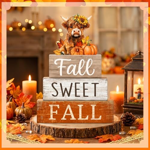 Moucuny 4 Pcs Highland Cow Fall Table Decorations, Sweet Fall Pumpkin Signs