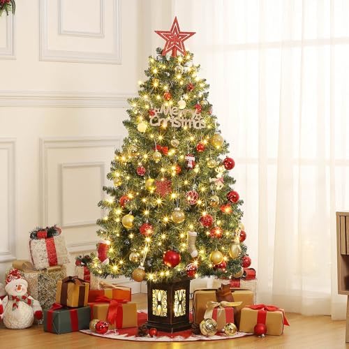 Garvee Pre-lit Artificial Christmas Tree with Warm White Lights, Green Full Christmas Tree 4.5 ft with 8 Light-Modes, Pre Lighted Xmas Tree W/460 Branch Tips, 300 Light & Antique Urn Base,2 PCS