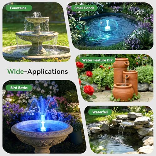 Antfraer 8W Solar Fountain Pump Built-in 3600mAh Battery & LED Lights, Solar Powered Water Pump with Double-Layer Nozzle & 5ft Tubing, Solar Water Fountain For Bird Bath Pond Garden DIY Water Features