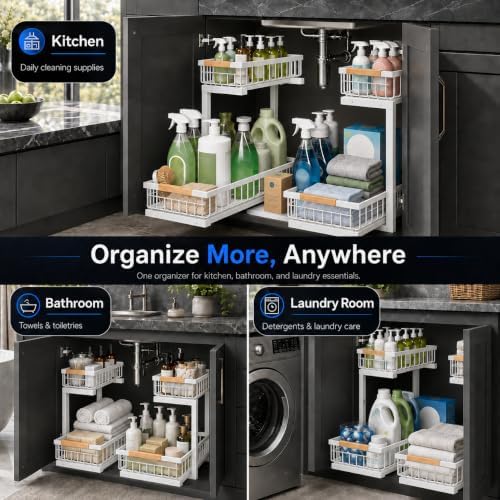 Under Sink Organizer 2 Pack, Double Slide Out Metal Shelf, White
