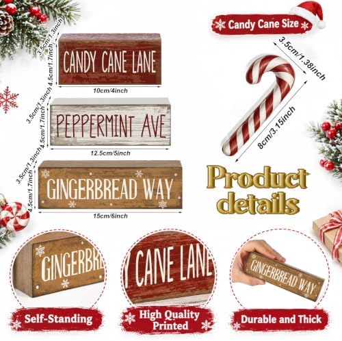 Moucuny 4 Pcs Christmas Table Decor Candy Cane Lane Sign, Wood Block Set