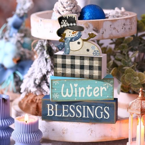 Moucuny 4 Pcs Winter Snowman Wooden Signs Farmhouse Tiered Tray Decor