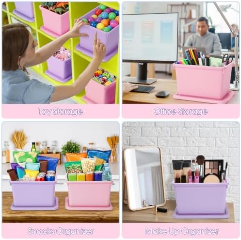 Potchen 6 Pack Small Stackable Storage Bins with Lids, Pink, Purple