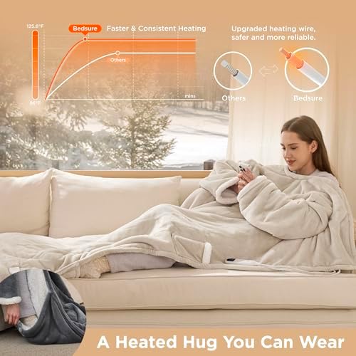 Bedsure Wearable Heated Blanket with Foot Pocket & Sleeves, 50x71+18" Cream