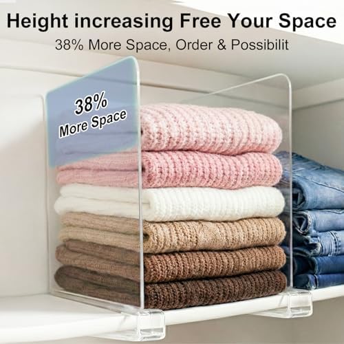 Purse Organizer for Closet Shelf Dividers: 11-inch Tall (Higher Version) Adjustable Clear Acrylic Bag Storage Organizer for Handbags, Sweaters, Towels, Jeans and Shoes on Wood Shelves 8-Pack