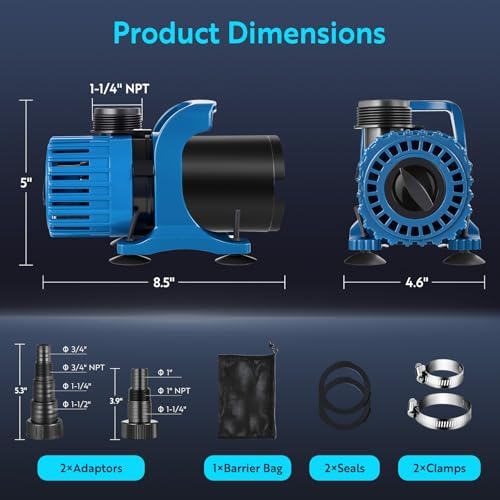 TONGCHANT 150W Pond Pump, Adjustable Flow 800-2700 GPH & 18FT Lift