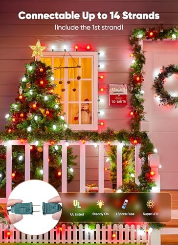 Minetom 50Ft Christmas Lights Outdoor, 50 LED Matte Bulbs, Red|Pure White