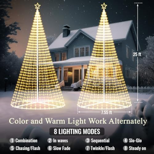 Riakrum 25ft-4072 LEDs Flagpole Christmas Tree Lights Outdoor Decorations with Star Topper, 8 Lighting Modes Pre-lit LED Flag Pole Christmas Tree Lighted Multicolor, Xmas Outside Yard Decoration