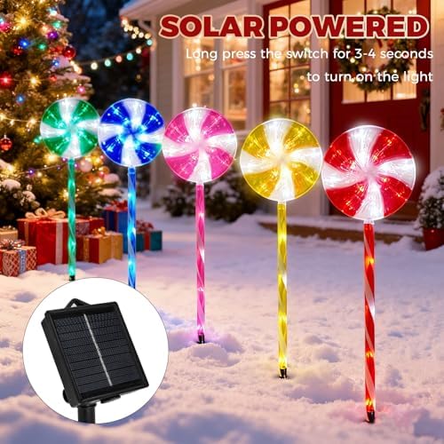 BRIGHTDECK 10 Pack Solar Christmas Pathway Lights, Multi Lollipop Stakes