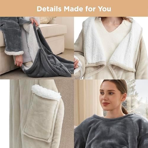 Bedsure Wearable Heated Blanket with Foot Pocket & Sleeves, 50x71+18" Cream
