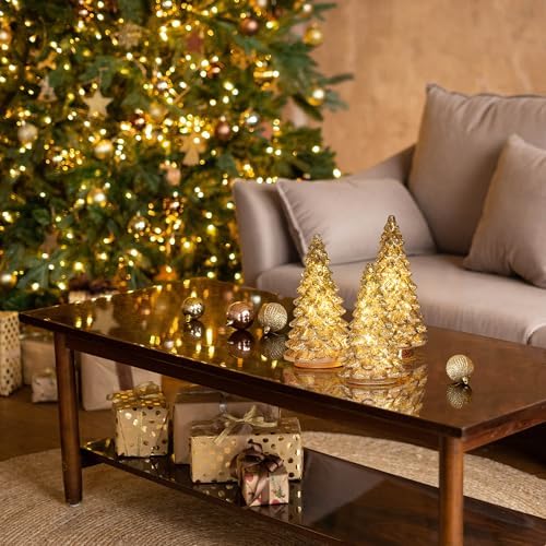 KI Store Lighted Glass Christmas Tree Figurine with Timer Set of 3 Mercury Glass Christmas Decoration Battery Operated for Centerpieces Window Tabletop Mantel