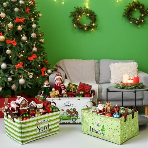 CHENGU 6 Pack Christmas Storage Basket Collapsible Christmas Tree Basket for Gift Green Truck Holiday Decor Large Flower Wreath Bin Foldable Hello Winter Dotted Box with Handle for Bedroom Office Home