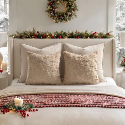 MIULEE Christmas Throw Pillow Covers Light Brown Christmas Decorations Set of 2 Xmas Tree 18x18 Pillow Covers Soft Plush Faux Wool Pillowcases Holiday Festivals Winter Home Decor Sofa Couch Bed Porch