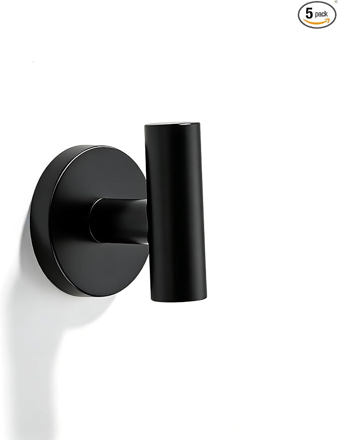 Wall Mounted Bathroom Towel Hooks for Hanging Clothes,Hat,5 Pack Matte Black Coat Hook Robe Hooks.Suitable for Hotels and bathrooms.