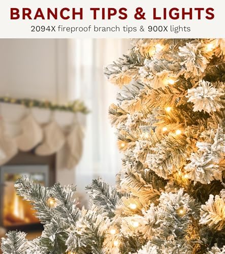 DWVO 9ft Pre-Lit Flocked Snow Christmas Tree White 2094Tips 900 LED Light