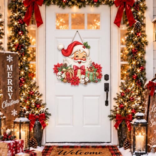 Christmas Decorations Vintage Santa Hanging Wood Sign for Front Door Decor