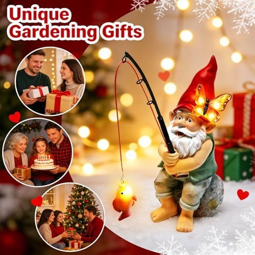Solar Garden Gnome Statues, Outdoor Fishing Gnome with Butterfly Solar Lights Waterproof, Birthday Gifts for Mom Women Christmas Mother's Day, Garden Figurines for Yard Decor Patio Lawn Ornaments