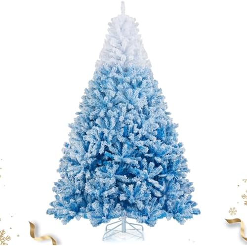 HAPPYGRILL 8 FT Flocked Christmas Tree Blue Hinged Xmas Tree with 1774 Branch Tips & Folding Metal Stand, Artificial Christmas Tree for Home Office Carnival