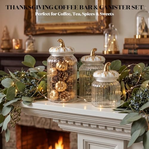 Mimorou 3 Set Fall Pumpkin Glass Jar with Pumpkin Airtight Ceramic Lid 44 oz 33 oz 22oz Clear Candy Jar Food Storage Canister for Thanksgiving Party Tea Cookie Table Decoration (White and Gold B)