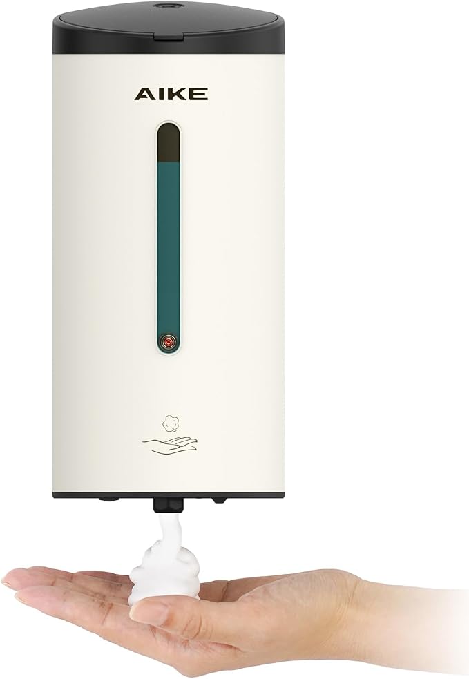 AIKE Automatic Foaming Soap Dispenser 25oz for Bathroom,Mattewhite AK1205FA | Rich Foam and Stainless Steel,No-drill and Screw Wall Mount,5-Level Adjustable and Key for Commercial(Batteries Not Included)