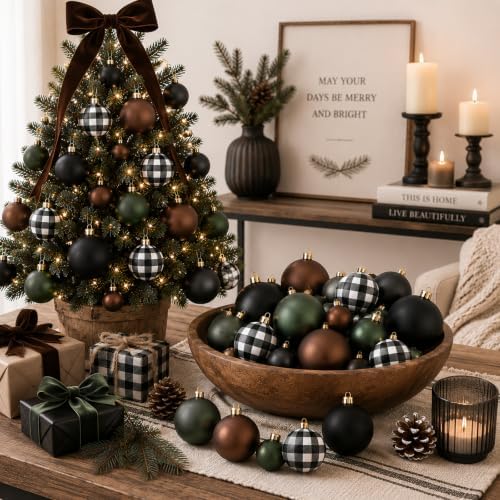 Lunmon 64 Pcs Neutral Christmas Ball Ornaments Bulk Check Brown Green Black